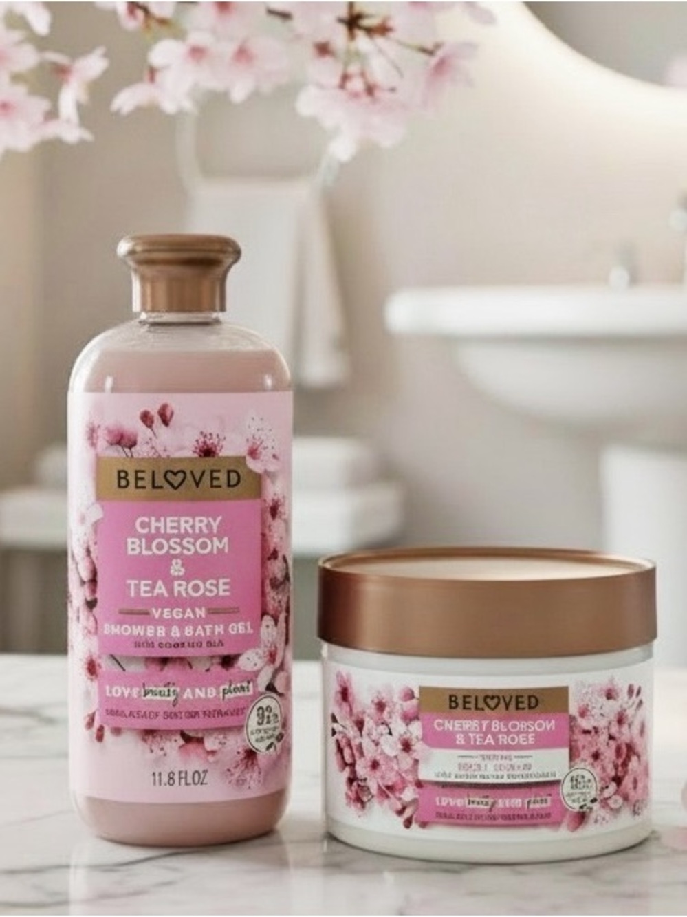 BELOVED Cherry Blossom & Tea Rose Vegan Shower Gel AND Body Cream ~ New